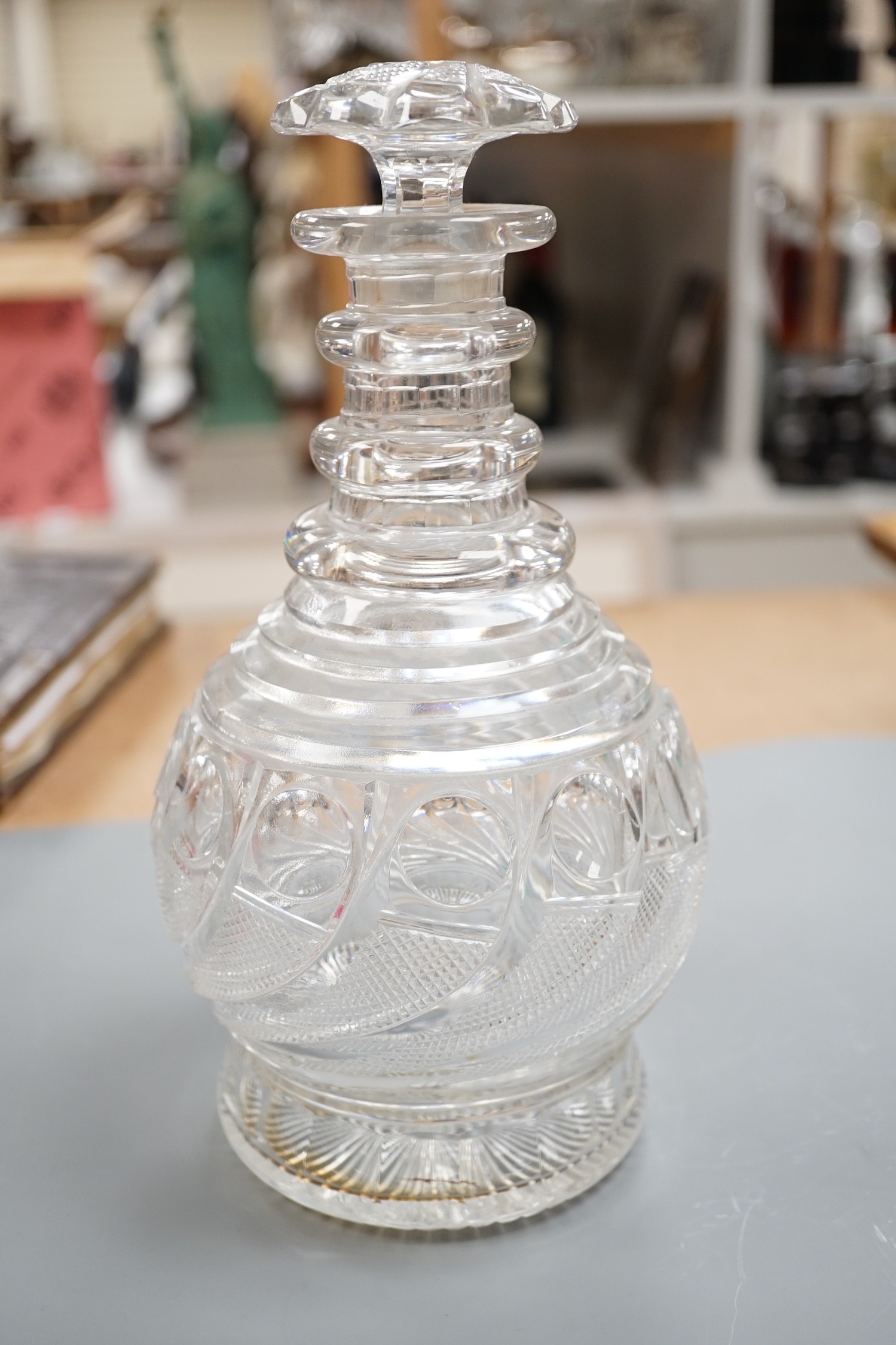 Assorted 19th and 20th century drinking glasses, rinsers, an etched vase, a pair of cut glass decanters and a late Georgian Anglo-Irish decanter and stopper